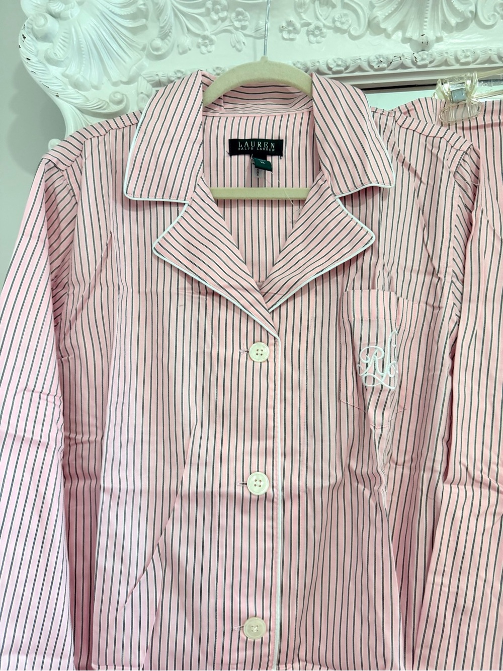 $72 BNWT Ralph Lauren Pink & White Monogram Logo Striped Pajama Set Top & Pants - Picture 4 of 7